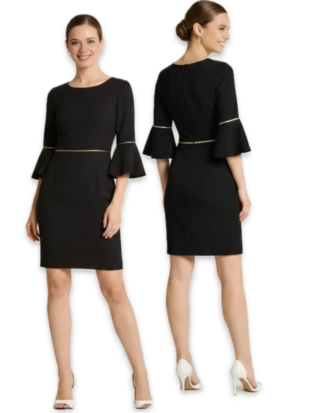 Tommy Hilfiger Black Bell Sleeve Dress Gold Trim Round Neck Classic Size M